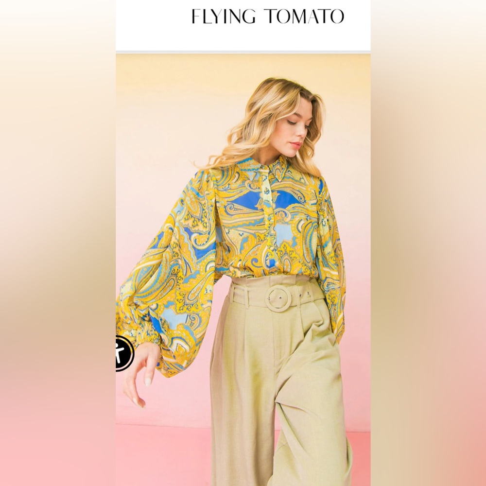 Flying Tomato Vibrant Blue and Yellow Blouse with balloon sleeves!